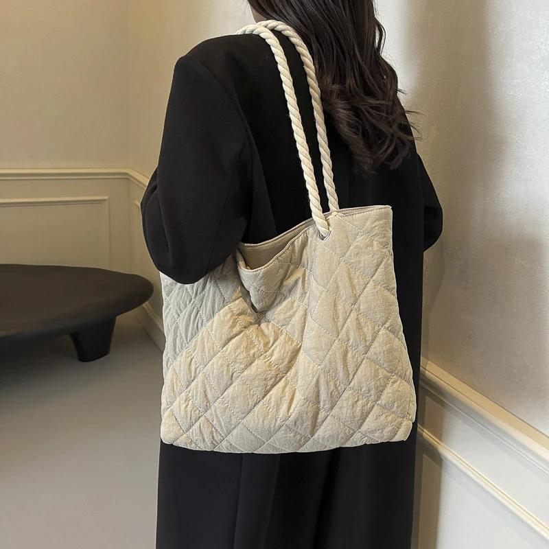 High capacity practical versatile unique youth shoulder bag new simplicity leisure diamond grid cotton clothes large bag