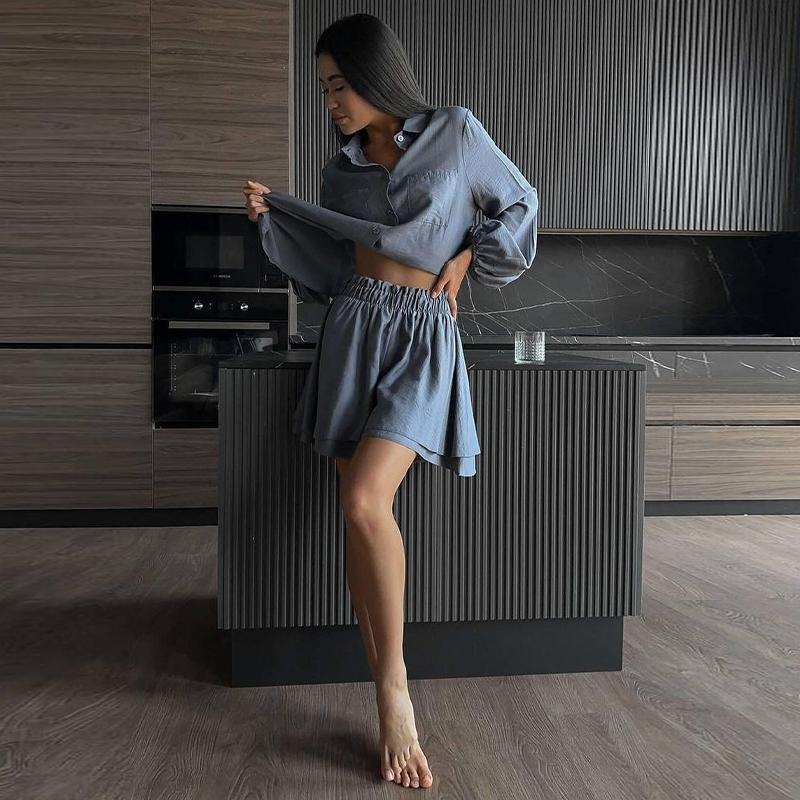 2024 Summer Women's Long-sleeved Tops Ruffled Shorts Casual Fashion Suits