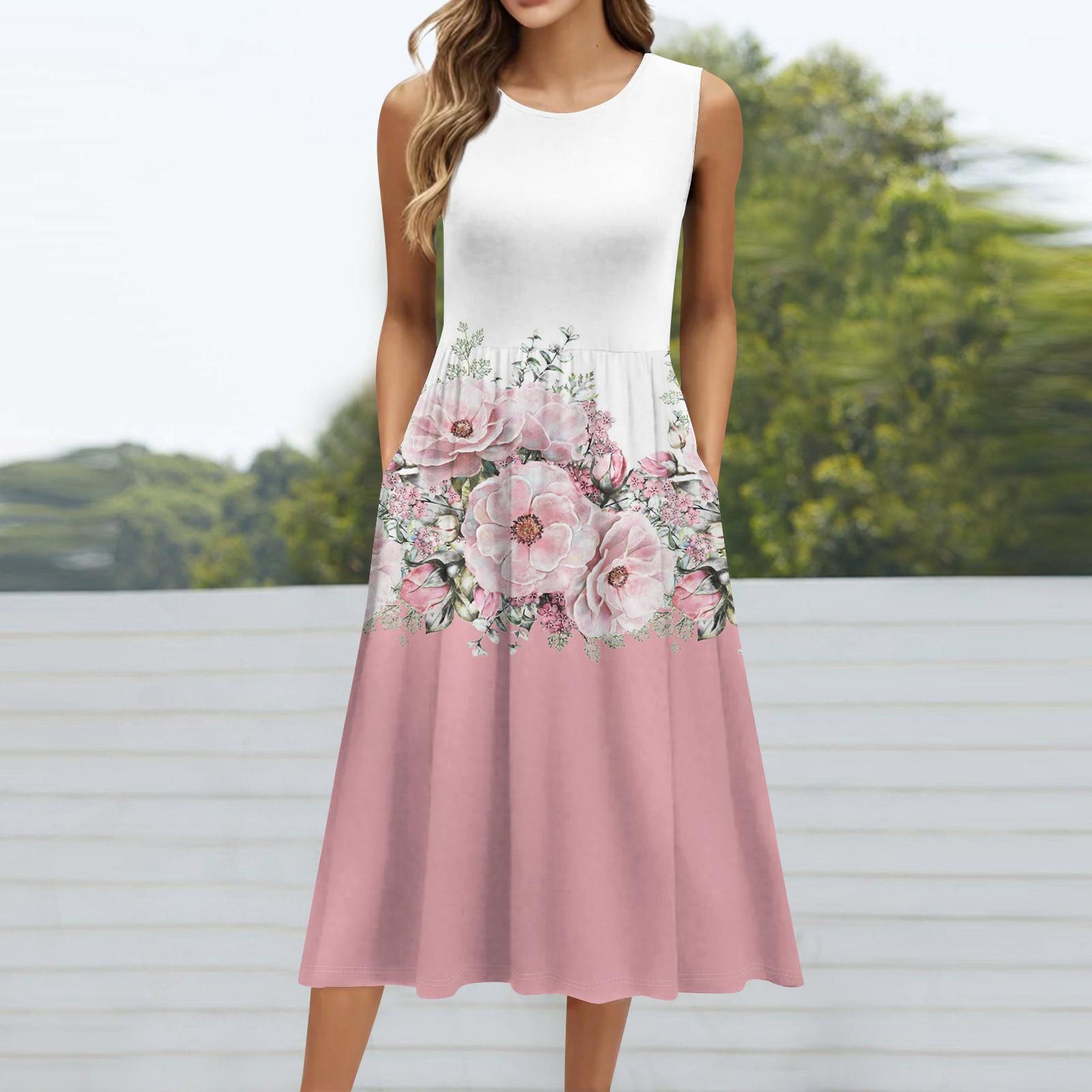 

Женское модное платье средней длины с круглым вырезом и принтом без рукавов M розовый