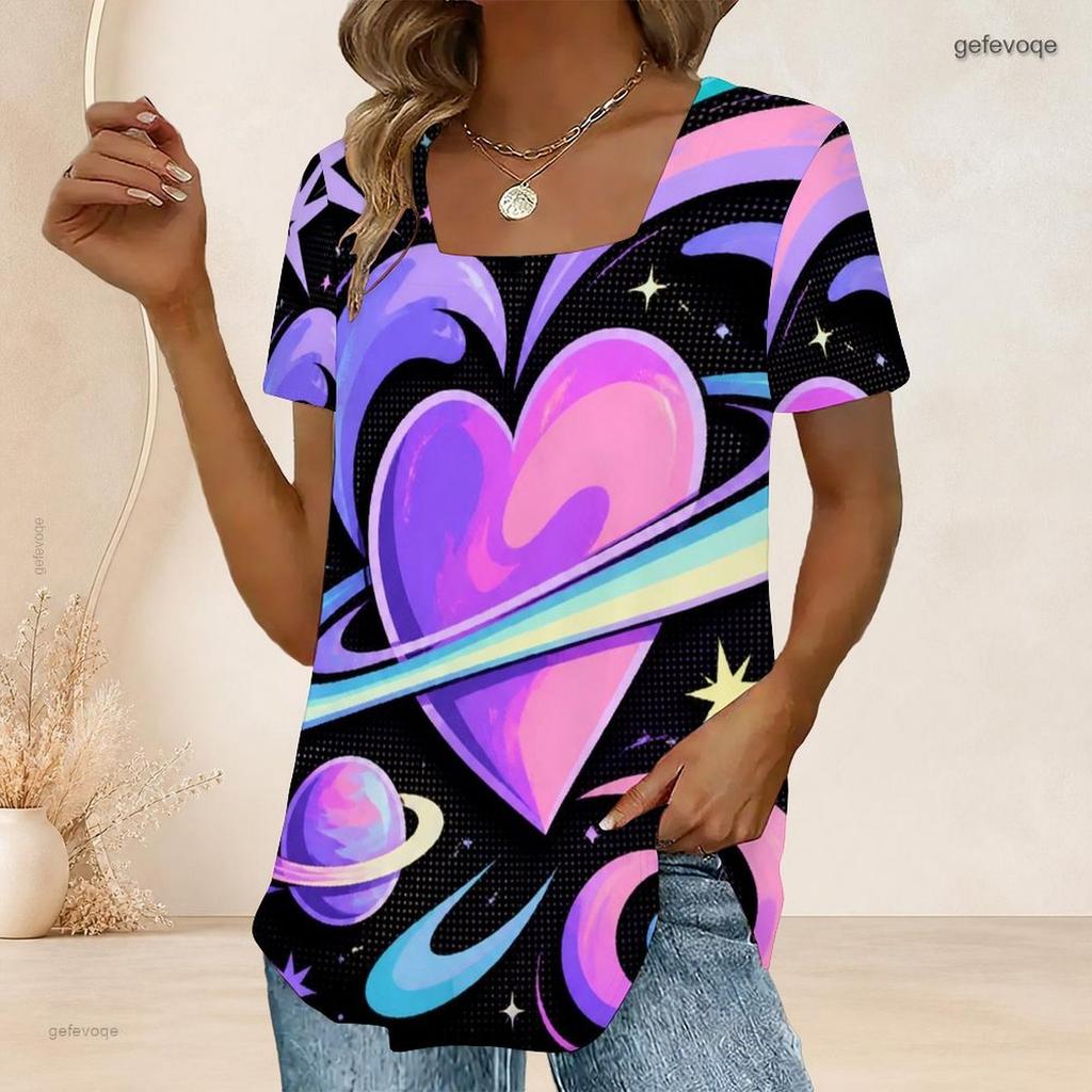 Women Plus Size Short Sleeve U Neck T Shirt Galactic Heart Planet Star Vibrant Purple Pink Cartoon Print Top