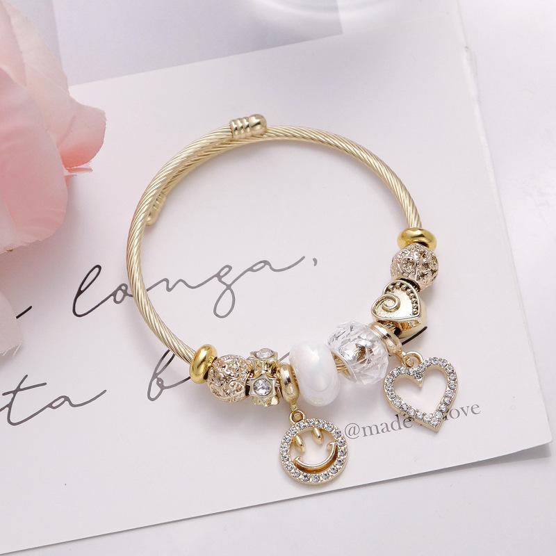 Fashion Smiley Face Crown Beaded Bracelet For Women DIY Crystal Heart Charm Stainless Steel Jewelry