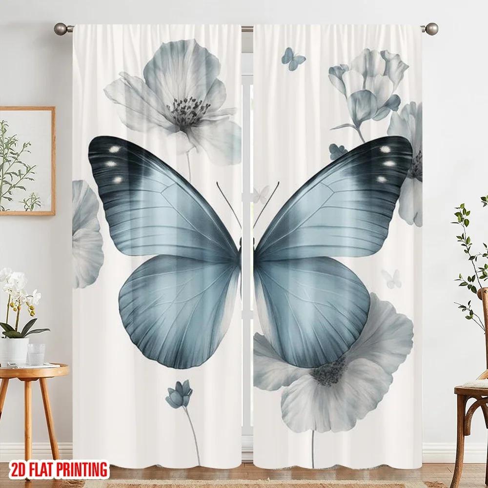 2pc,2D Plane Printing Light Filtering Curtains Blue Butterfly Bliss Durable Polyester (without Rod) Holiday for Bedroom Office