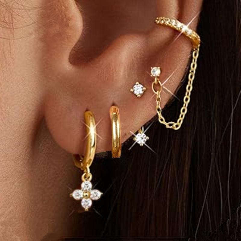 4PCS Double Piercing Chain Huggie Hoop Earring Lot For Women Tragus Stud Earrings Flower Cartilage Helix Jewelry Lobe Earing Set