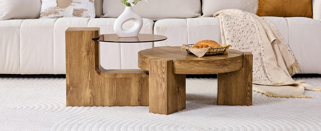[Separable Coffee Table Set] MDF Wood-Look + 0.6 Cm Brown-Tinted Safety Glass - Combined As a Coffee Table / Split Into Two Side Tables.