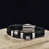 Stainless Steel Geometric Double Wrap Bracelet Men Minimalist Leather Woven Cuff Adjustable Size