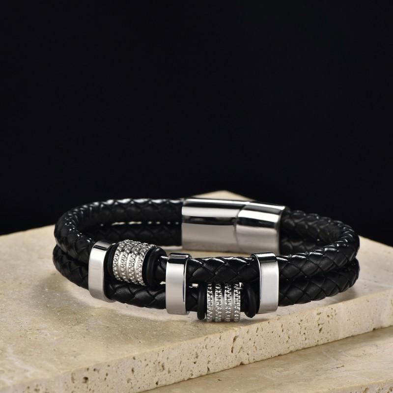 Stainless Steel Geometric Double Wrap Bracelet Men Minimalist Leather Woven Cuff Adjustable Size
