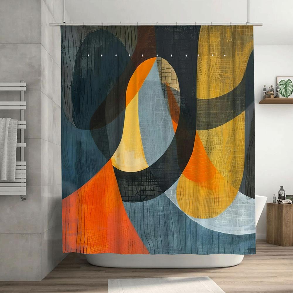 Modern Geometric Shower Curtain with Vibrant Colors for Bathroom Decor Black Blue Orange Yellow White Waterproof Fabric Shower P