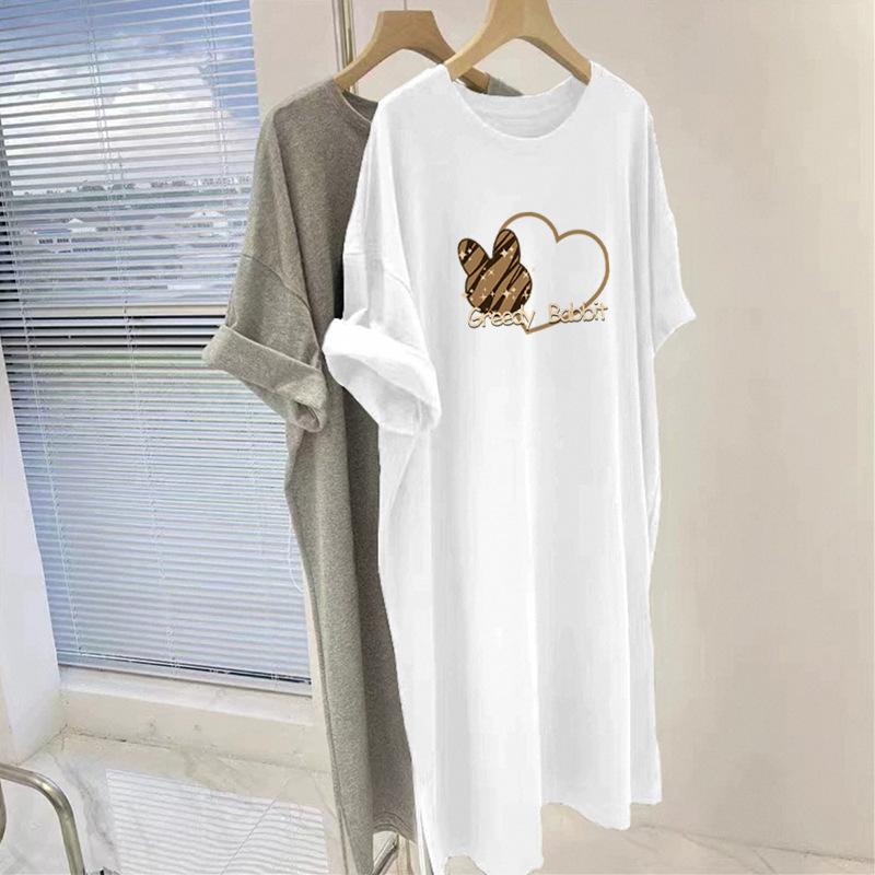 White Dress Loose Cotton Short-sleeved Long T-shirt Women's Skirt Fat Belly and Thin Large Size Split Skirt