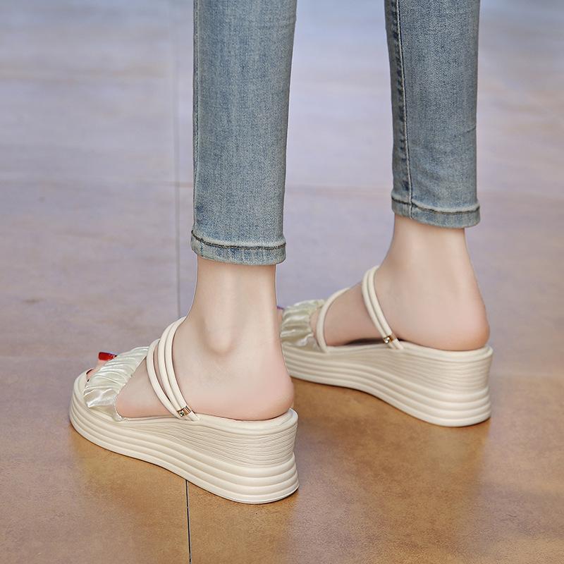 2025 Summer New Large Size Thick-soled Wedge Slippers Women's Fashion One-word High Heels Two Sandals