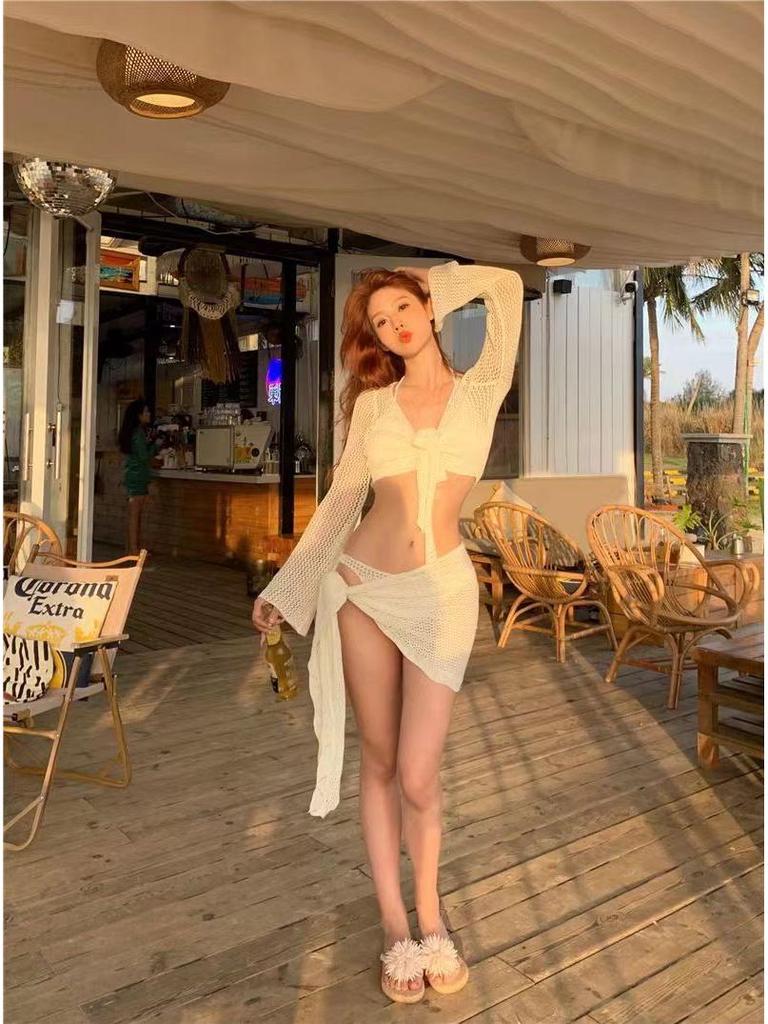 Elegant White Mesh Bikini Set - 2024 Spring Collection with Long Sleeve, European and American Style.