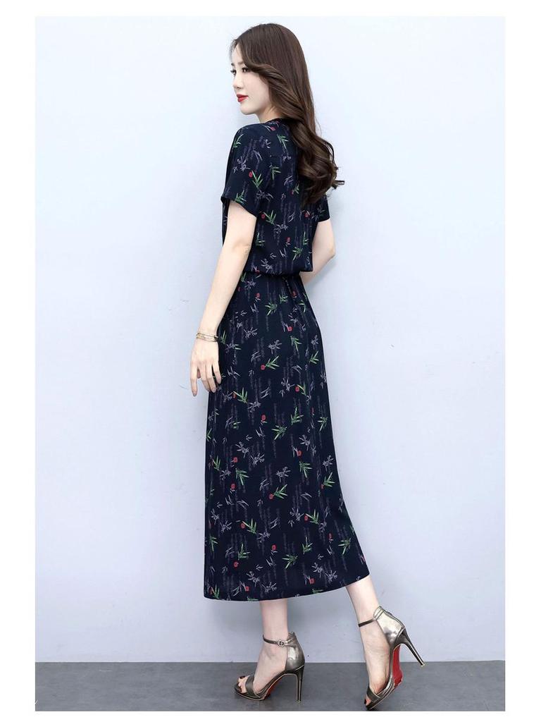 2025 Summer Collection: Floral V-Neck Cotton and Rayon Dress - Waist-cinching, Slimming, Age-Reducing Long Dress for Women