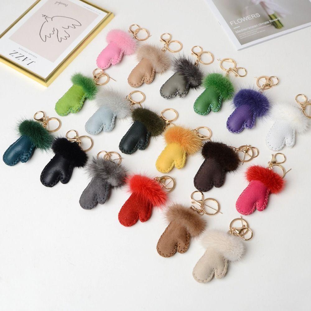 Fluffy Mink Hair Pendant Leather Car Keyring Fashion Little Glove Keychain  Bag Decoration