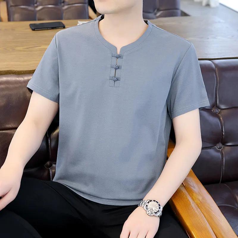 Chinese Style Men's Short Sleeve Tshirts Summer Men Thin Tang Costume Cotton Shirts Youth Fashion V Neck T-Shirt Male Tops Tees