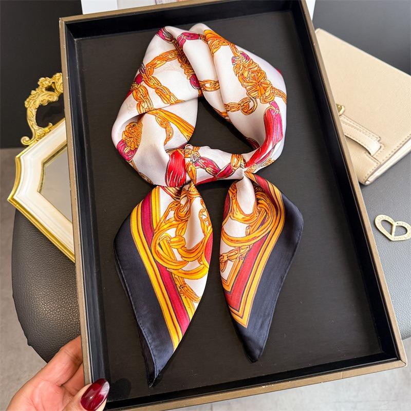 Luxury Vintage Printed Silk Like Square Scarf For Women
