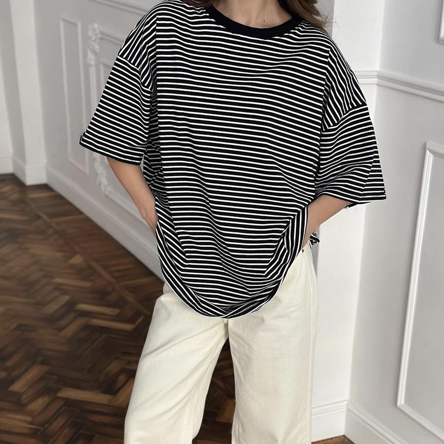 

Женские футболки большого размера с коротким рукавом, летние футболки с круглым вырезом и полосками, повседневные модные свободные хлопковые спортивные свитера для женщин L чёрный