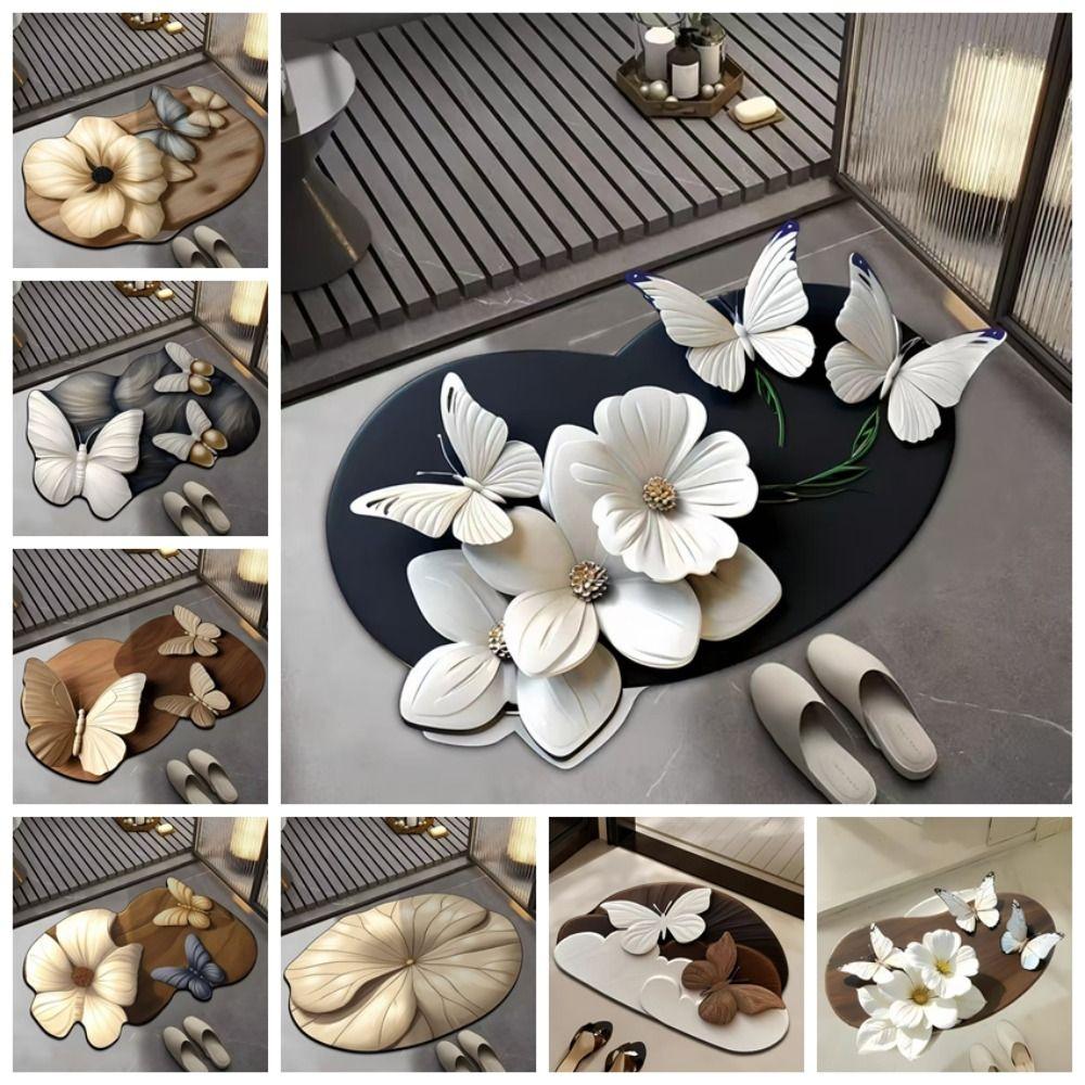 Saugfähige Badezimmermatten 3D Realistische Fußmatte Blume Schmetterling Badematte für Badezimmer Schlafzimmer
