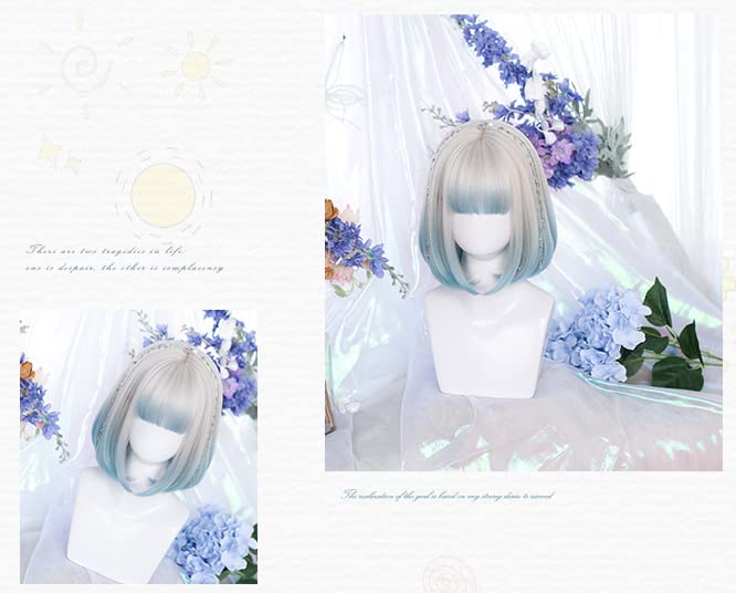 Harajuku and GAL Style Bob Lolita Wig One Gray and Blue Perfect for Mori and Yumekawaii Includes Hair Natural and Lightweight for a Slimmer Set, Curl,