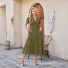 Women's V Neck Short Sleeve Maxi Dress Loose Fit Mid Waist Elegant Casual Cotton Tiered Long Dress