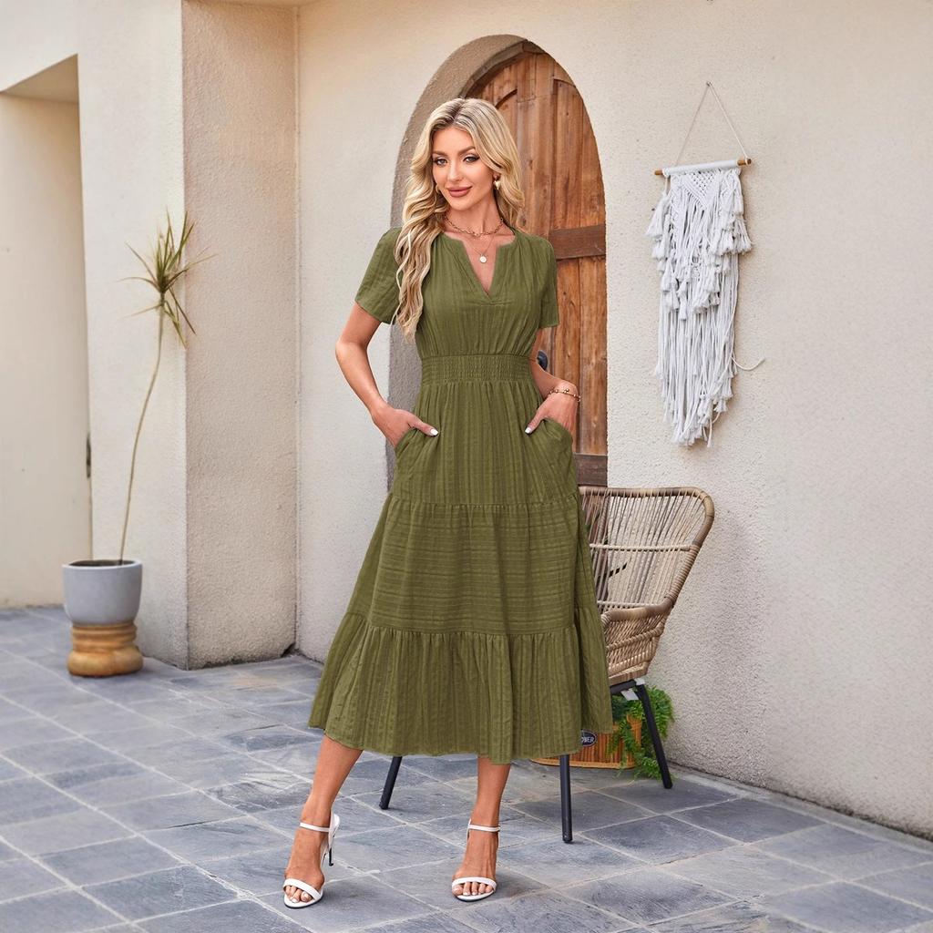 Women's V Neck Short Sleeve Maxi Dress Loose Fit Mid Waist Elegant Casual Cotton Tiered Long Dress