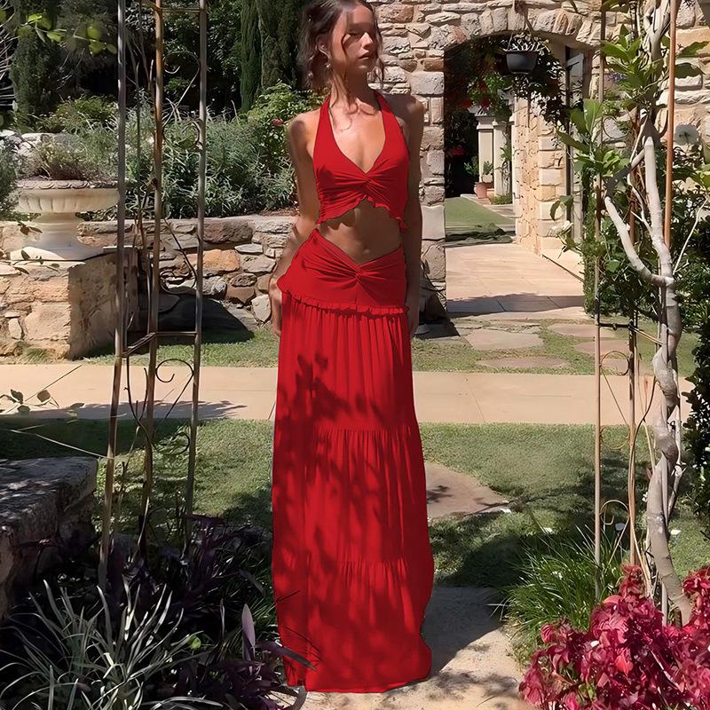 Sexy V-Neck Ruffle Halter Tie Long Dress Two-Piece Set for Women