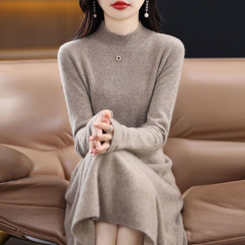 Knee-length Sweater Dress Women's Half Turtleneck Knitted Long Dress Slimming Mid-length Knitted Sweater for Autumn and Winter