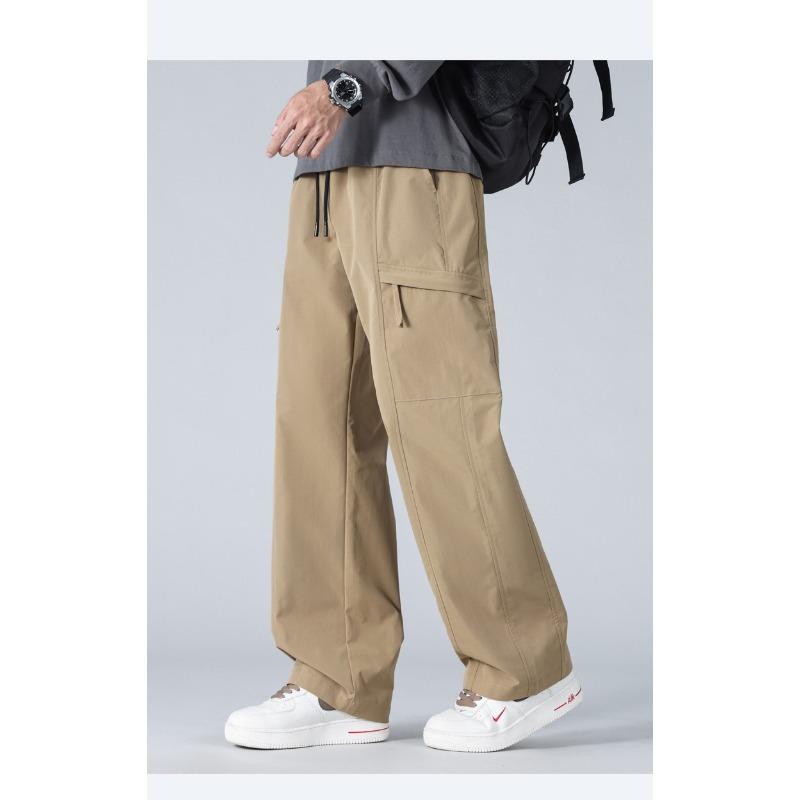 Men Cargo Drawstring Casual Pants Loose Wide Leg Elastic Waist Lightweight Outdoor Street Trousers