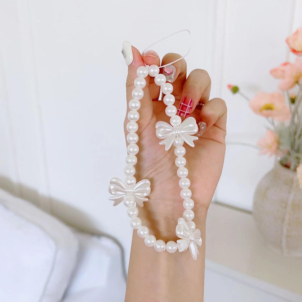 Korea Cute White Bow Heart Pearl Phone Chain for Women Girls Telephone Beaded Lanyard Anti-Lost Accessories Car Jewelry Gift
