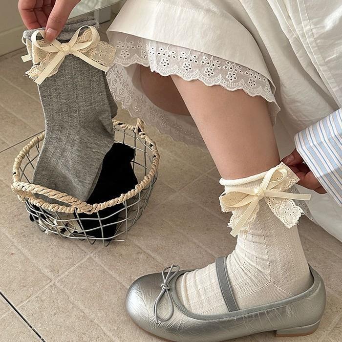 Boneless Socks Sweet Wind Retro Lace Bow Girl Tube Socks Cute Jewelry Pile Socks Cotton