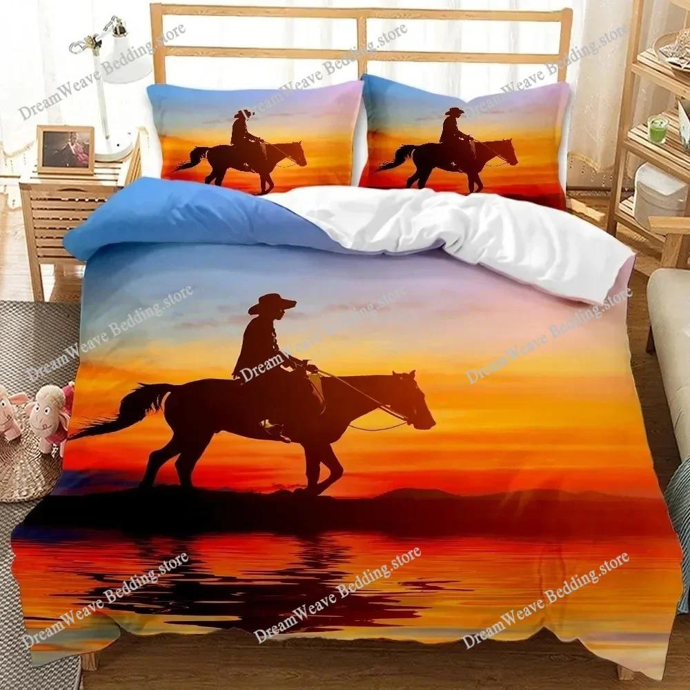 Western Cowboy Sunset Scenery Bedding Set Boys Girls Twin Queen Size Duvet Cover Pillowcase Bed Boys Adult Home Textileextile963