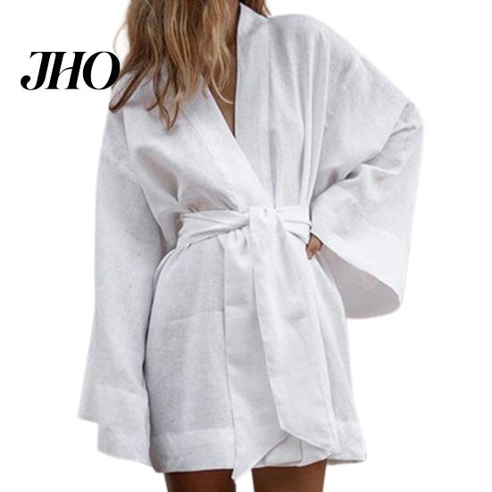Short Dress Lace Up Robe Long Sleeve Women Cardigan V Neck Solid Color Mini Streetwear