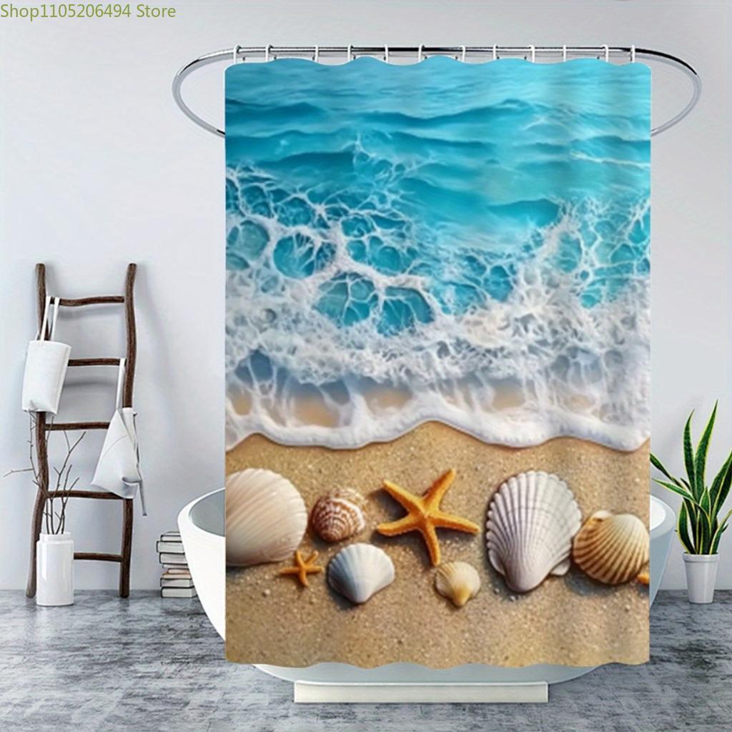 1/3/4pcs Beach-Themed Shower Curtain and Non-Slip Set - Ocean Wave Design with Seashells & Starfish, Polyester, Machine Washab