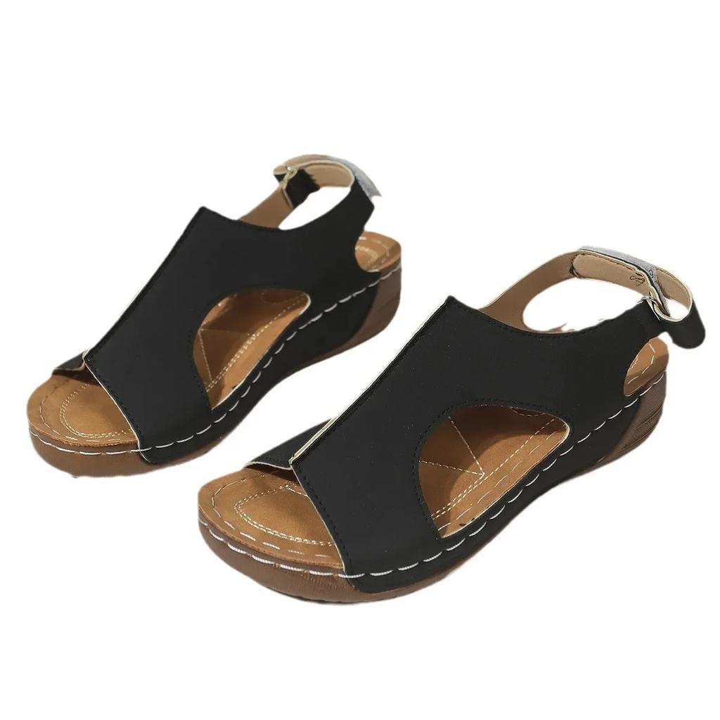 Fashion Velcro Platform Sandals, Women's Sewing Line Breathable Hollow Wedge Heel Beach Sandals