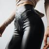 Dark long American peach hip pu tight high waist leather pants women's tied feet zipper locomotive slim trousers spring