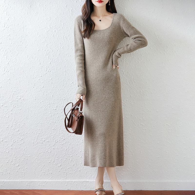 Women Sweater Dress 100% Wool MODERN NEW SAGA U-neck Knit Long Pullover Winter Jumpers Wool Long Dress Female