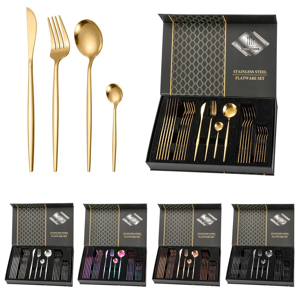 24pcs Gold Dinnerware Set Stainless Steel Tableware Set Knife Fork Spoon Luxury Cutlery Set Kitchen Flatware Dishwasher Safe