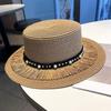 Spring and summer women's new outdoor sun hat big brim pearl flat top straw hat beach vacation sun protection straw hat