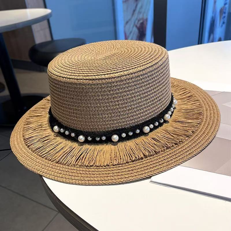 Spring and summer women's new outdoor sun hat big brim pearl flat top straw hat beach vacation sun protection straw hat