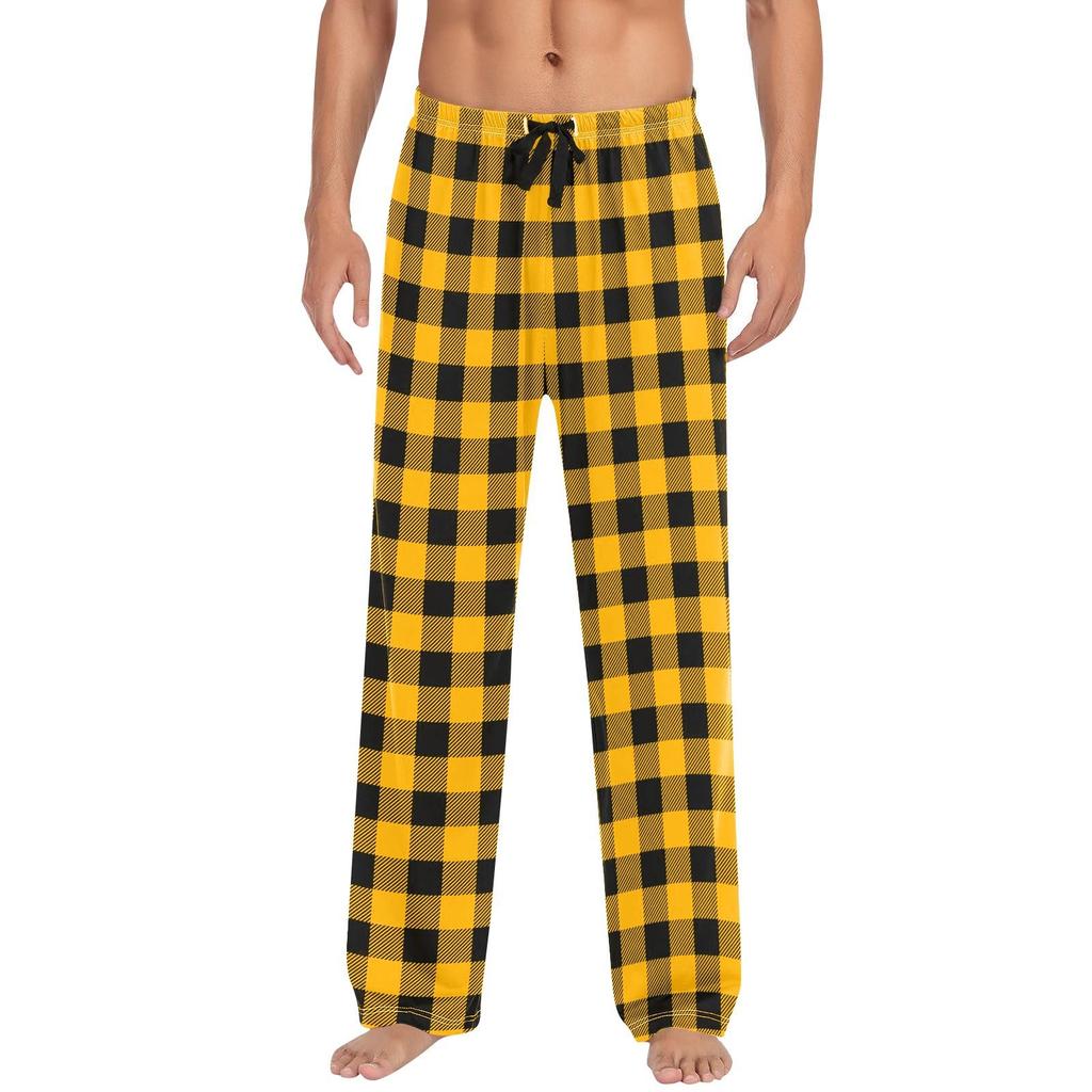 Men Autumn Winter Soild Color and Plaid Pants Full Length Long Trousers Sports Pants Pajama Pants