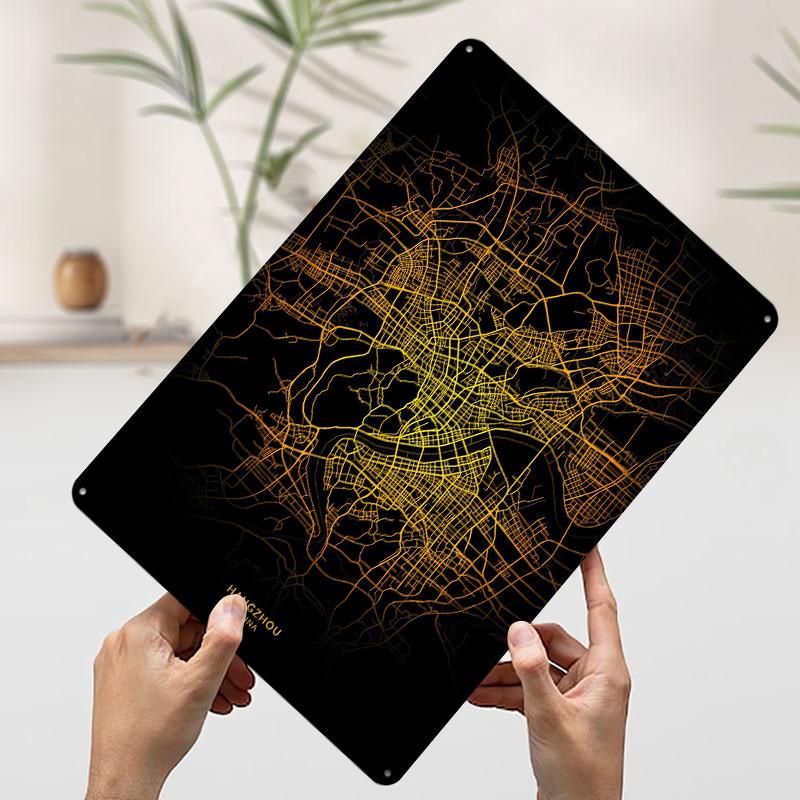 Hangzhou City Map Gold Metal Poster Customized Wall Art Retro Vintage Tinplate Signs for Man Cave Decoration Bedroom Decorations