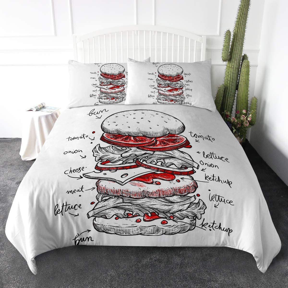 Постельное белье с изображением гамбургера и картошки фри, комплект из 3 предметов с изображением гигантского бургера, покрывало из полиэстера размера King Size 135x200cm 2pcs