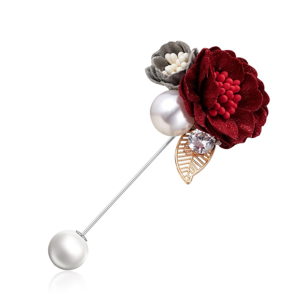 Cloth Art Fabric Double Blooming Flower Brooch For Women Men Dainty Imitation Pearl Leaf Floral Long Needle Pins Wedding Jewelry