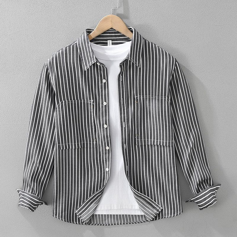 Spring and Autumn Japan fashion Retro Vertical Stripes Long sleeve Shirts Men's Artistic Trendy Loose Casual Shirt Outerwear New