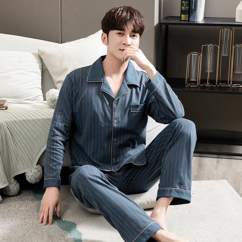 Pure Cotton Men's Pajamas Long-sleeved Suit Spring and Autumn Plus Size Youth Loungewear Autumn and Winter Plaid New Autumn Models