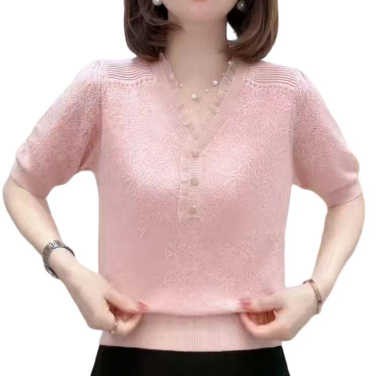 Elegant Embroidered V-Neck Plus Size Women's T-Shirt - Short Sleeve, Comfortable & Fashionable for Middle-aged and Elderly.