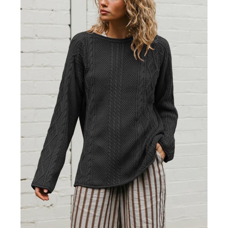 MGHR Women's Fashion Casual Solid Color Print Autumn Winter O-Neck Long Sleeve Loose Sweaters
