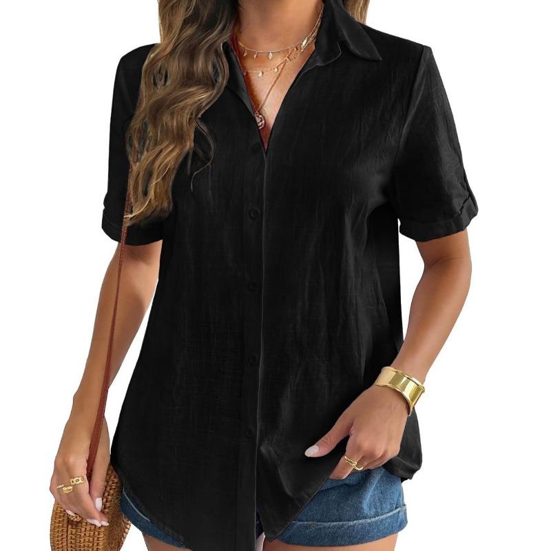 Koszula damska z krótkim rękawem z kołnierzykiem kardiganowym z bawełny i lnu