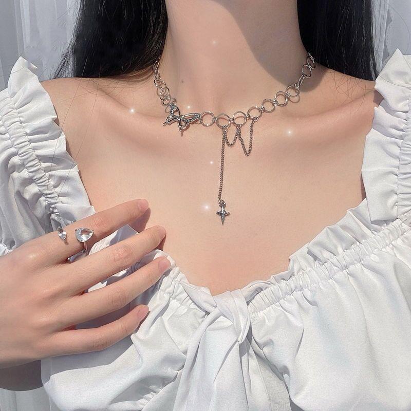 Silver Color Butterfly Choker Pendant Necklace Women Gift Necklace Light Luxury Punk Geometric Sweet Cool Clavicle Neck Jewelry