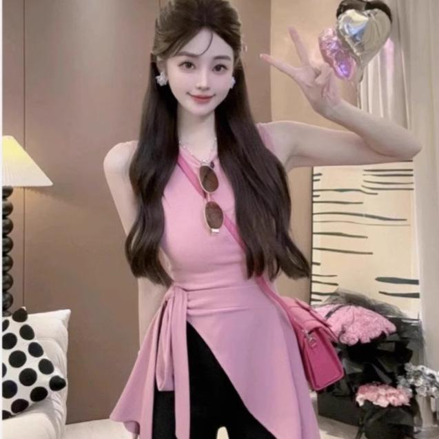 

French Slimming Sleeveless Mid-Length Vest with Irregular Waist Tie - 2025 Summer Collection for Women One Size (up to 125 lbs) жовтий