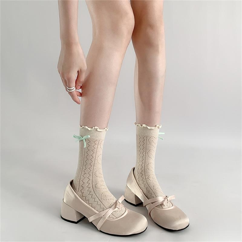 Women's Japanese Sweet Bowknot Accent Crew Socks Elegant Students Hollowout Heart Pattern Ruffle Top Middle Calf Socks