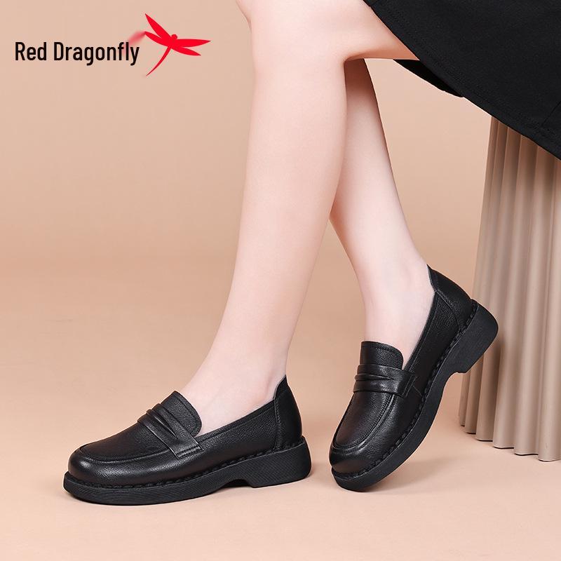 Red Dragonfly Women's Black Leather Loafers - 2025 Autumn Collection, Thick Heel for Middle-aged & Elderly.